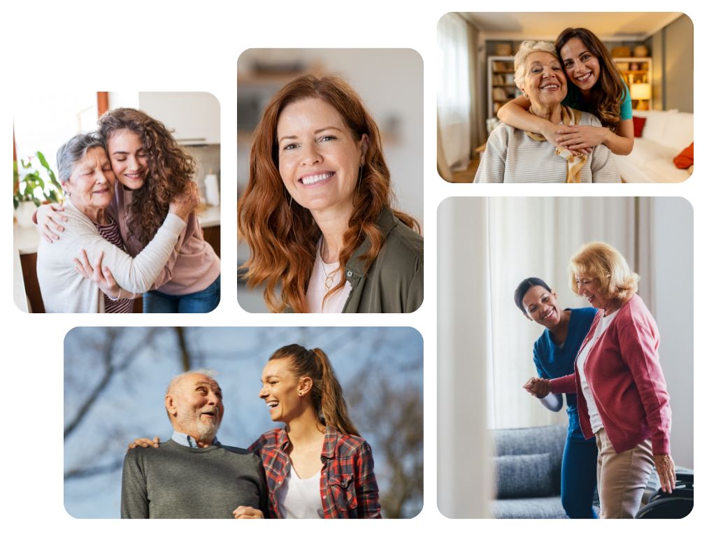 Collage of caregivers and seniors sharing joyful, supportive moments in home care settings A collage showing seniors receiving loving support from caregivers and family members through companionship, mobility assistance, outdoor walks, and warm in-home interactions.